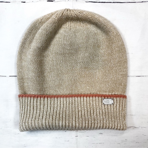 The North Face Accessories - The North Face Tan Knit Beanie with Peach Trim